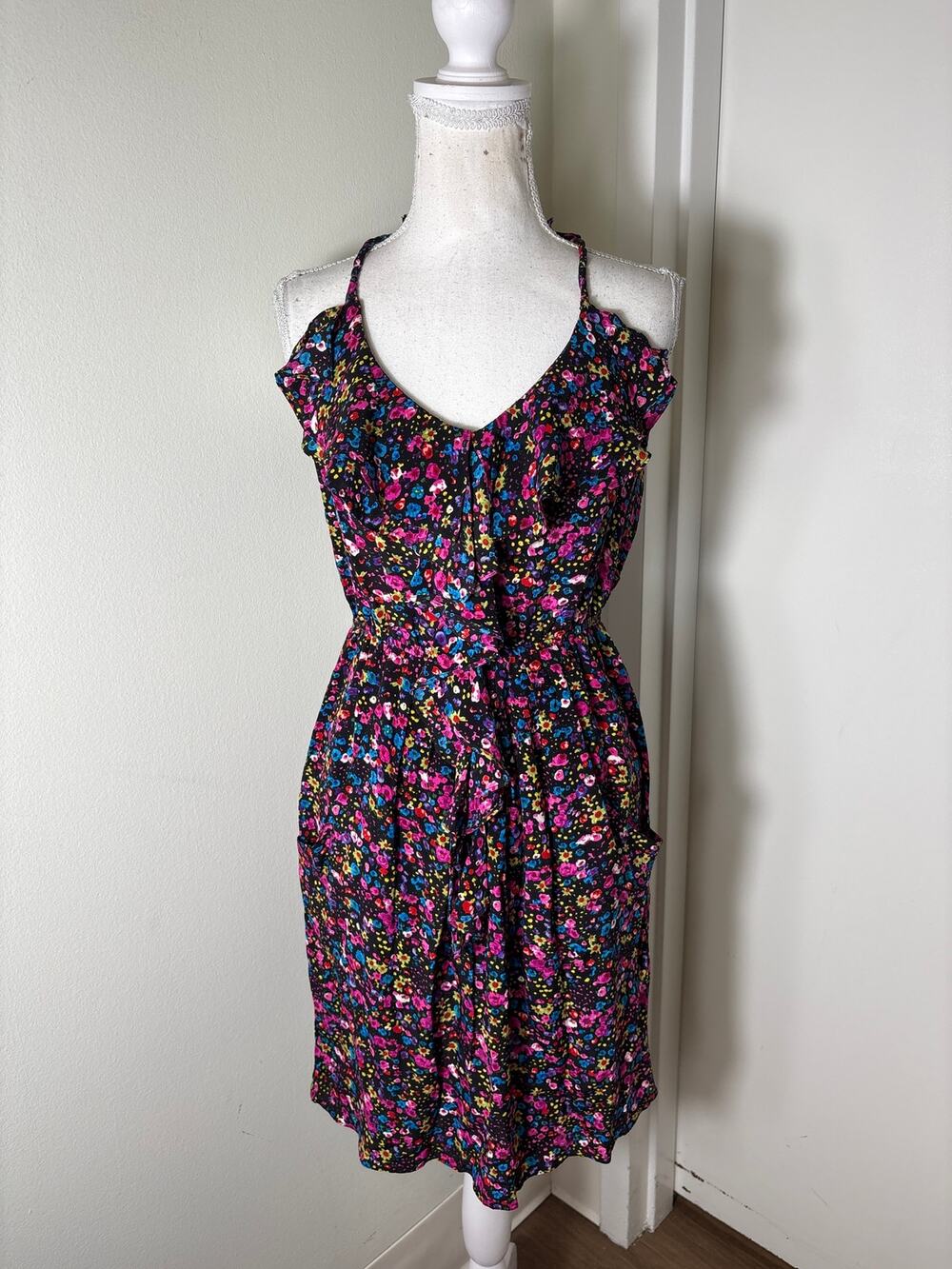 Rebecca Taylor Black Floral Sleeveless Silk Knee Length Dress Sz 2